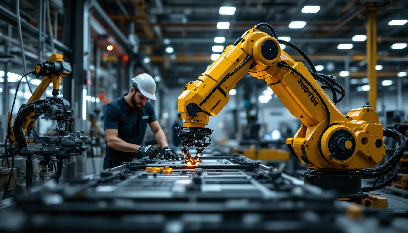 A photograph of a modern industrial setting showcasing a robotic arm in action