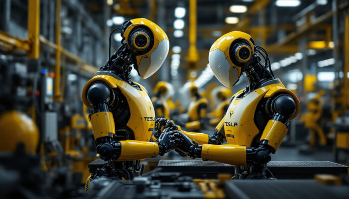 A photograph of a sleek tesla robot in an industrial setting