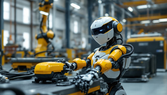 A photograph of a boston dynamics spot robot in action within an industrial setting