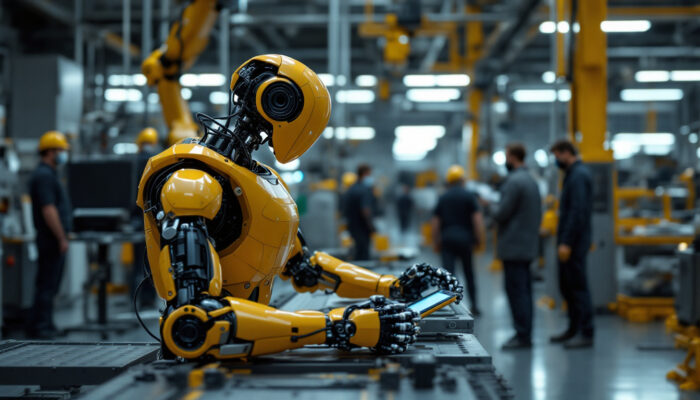 A photograph of a tesla robot in an industrial setting