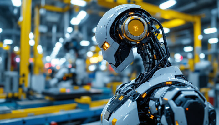 A photograph of a sleek industrial robot in action