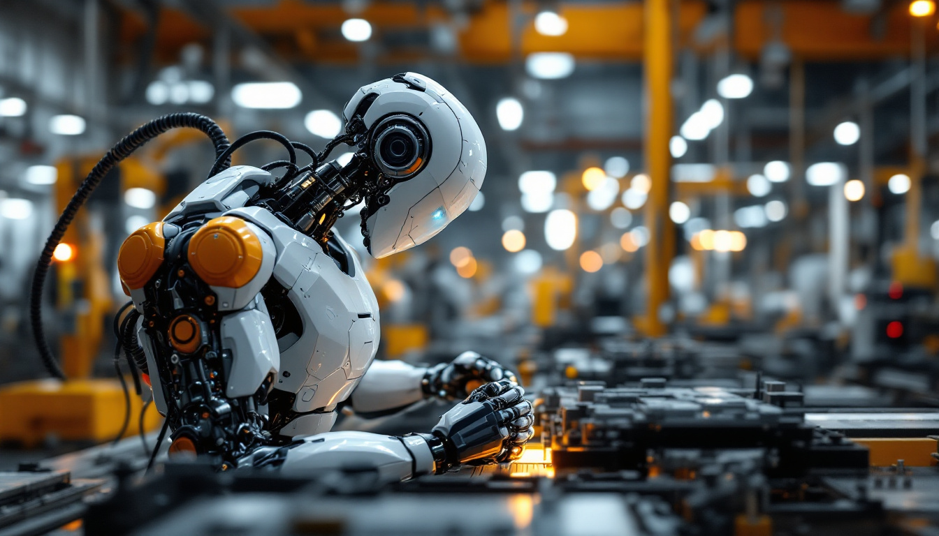 A photograph of a sleek industrial robot in action within a manufacturing setting