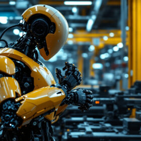 A photograph of a sleek industrial robot in action within a modern manufacturing environment
