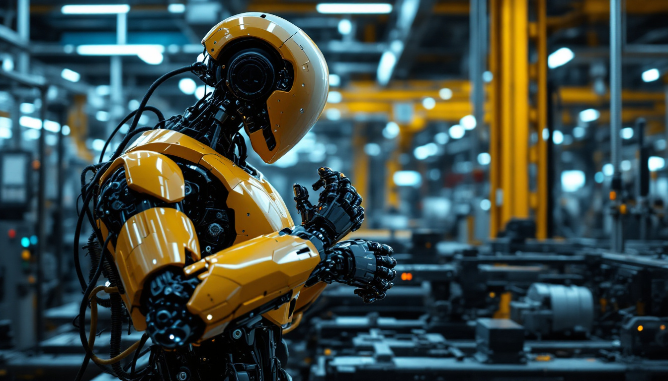 A photograph of a sleek industrial robot in action within a modern manufacturing environment