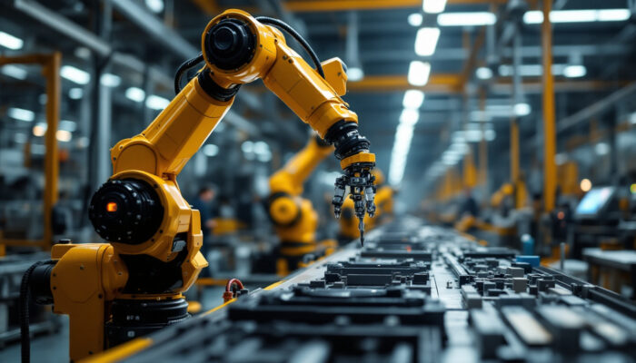 A photograph of a modern manufacturing facility showcasing a robotic arm in action