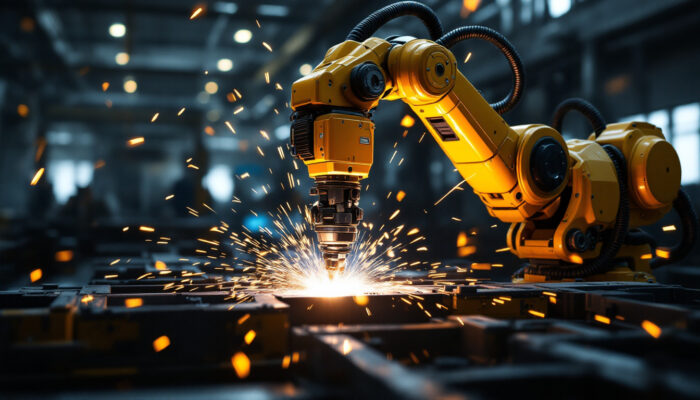 A photograph of a robotic welding arm in action