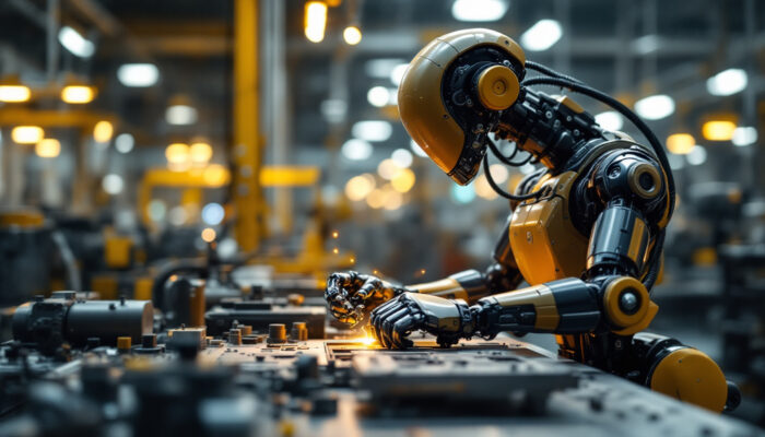 A photograph of a ur30 industrial robot in action on a factory floor