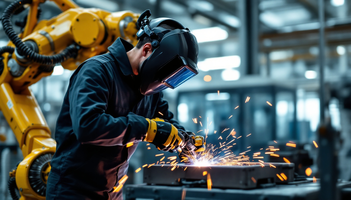 A photograph of a skilled welder operating a robotic arm in a modern industrial setting