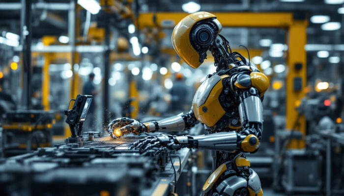 A photograph of a sleek industrial robot in action within a modern manufacturing environment