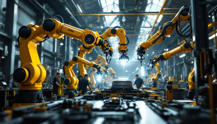 A photograph of a dynamic industrial setting showcasing a variety of robotic arms actively engaged in manufacturing processes