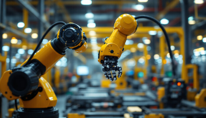 A photograph of a sleek industrial robotic arm in action