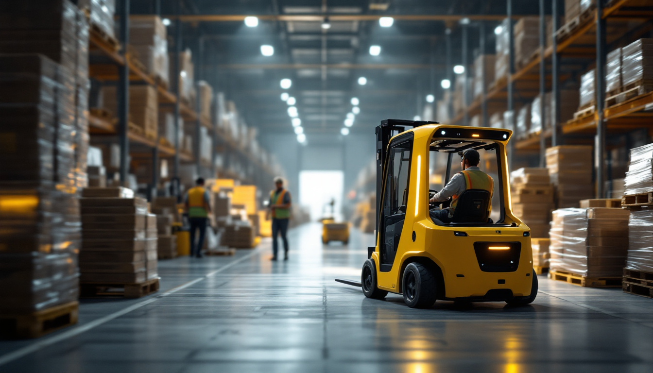 A photograph of an autonomous forklift in action within a bustling warehouse environment