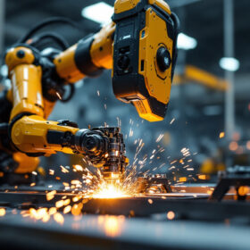 A photograph of a welding robot in action
