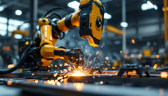 A photograph of a welding robot in action