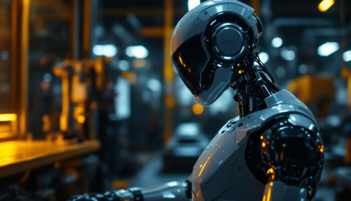 A photograph of a sleek industrial robot in action