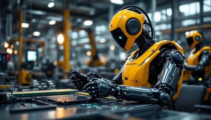 A photograph of a sleek industrial robot in action within a manufacturing setting