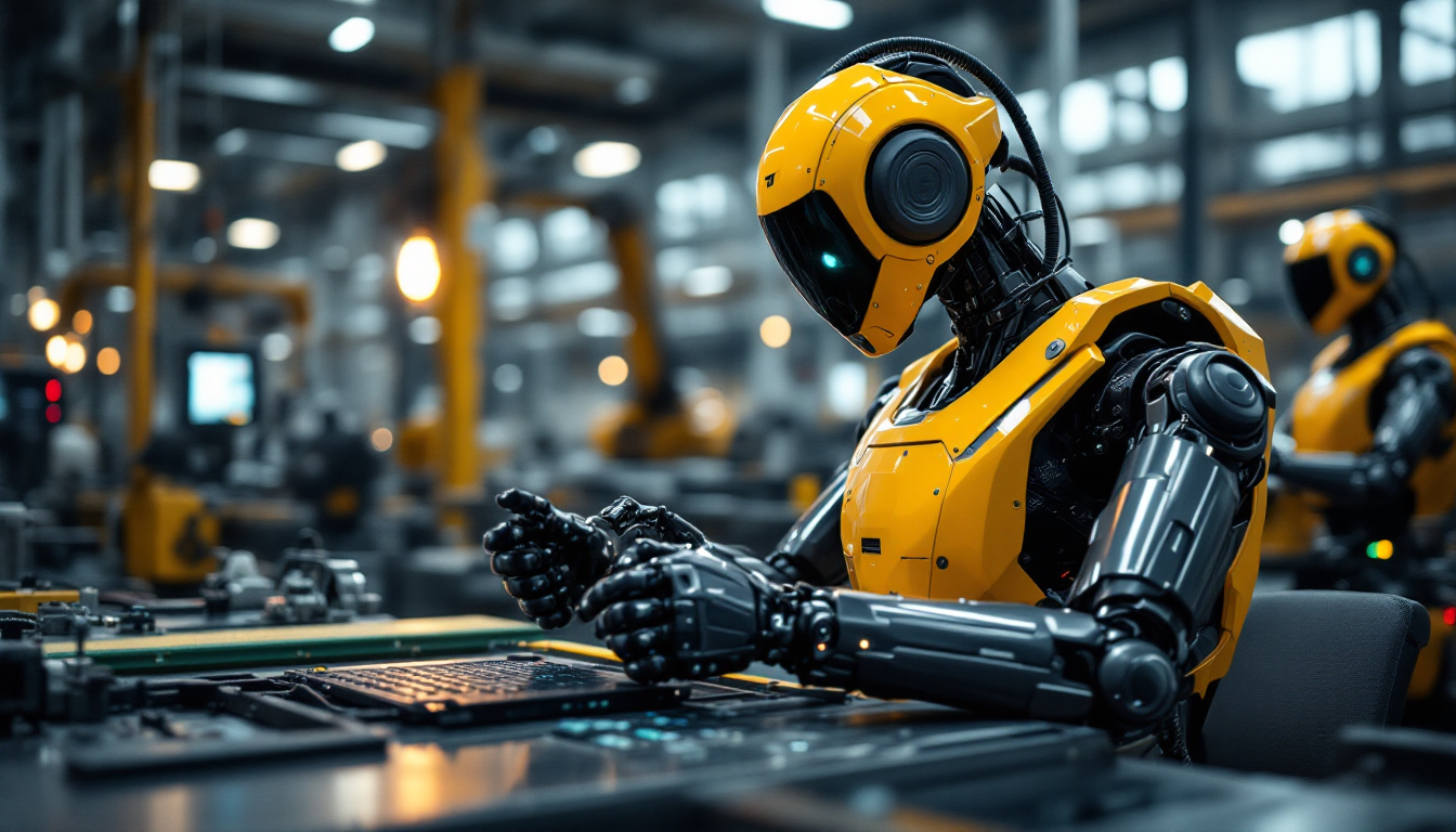 A photograph of a sleek industrial robot in action within a manufacturing setting