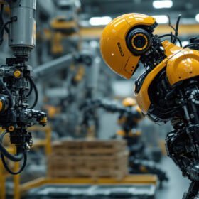 A photograph of a boston dynamics robot in action within an industrial setting