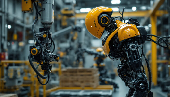 A photograph of a boston dynamics robot in action within an industrial setting