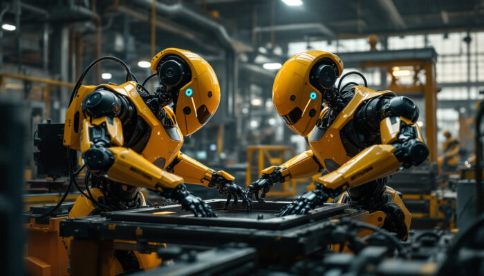 A photograph of a dynamic industrial setting featuring boston dynamics robots in action