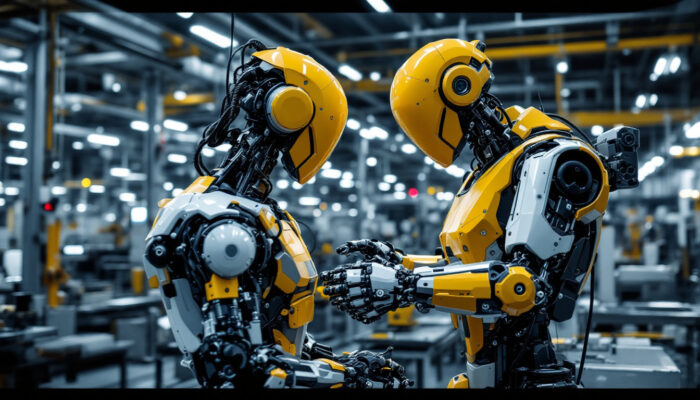 A photograph of a state-of-the-art industrial robot in action within a modern manufacturing facility