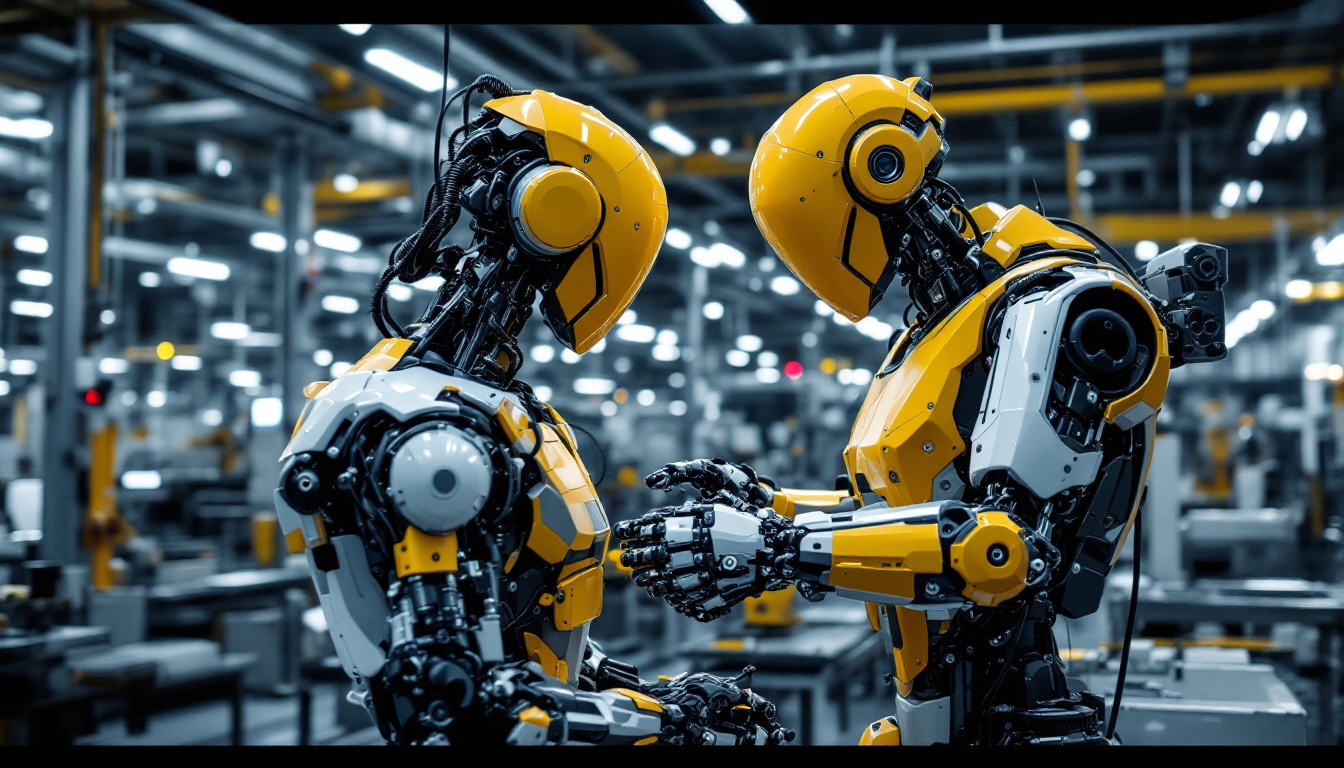 A photograph of a state-of-the-art industrial robot in action within a modern manufacturing facility