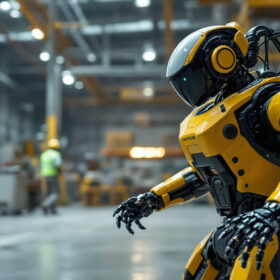 A photograph of capture a photograph of a boston dynamics robot in action within an industrial setting