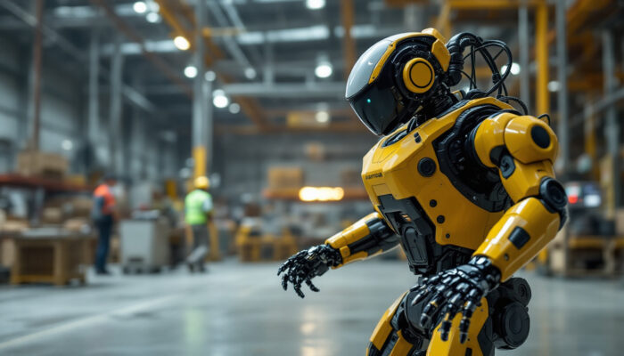 A photograph of capture a photograph of a boston dynamics robot in action within an industrial setting