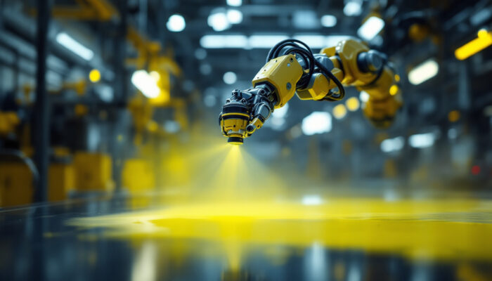 A photograph of a robotic spray painting arm in action