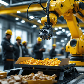 A photograph of a modern industrial setting showcasing a robotic arm efficiently handling materials