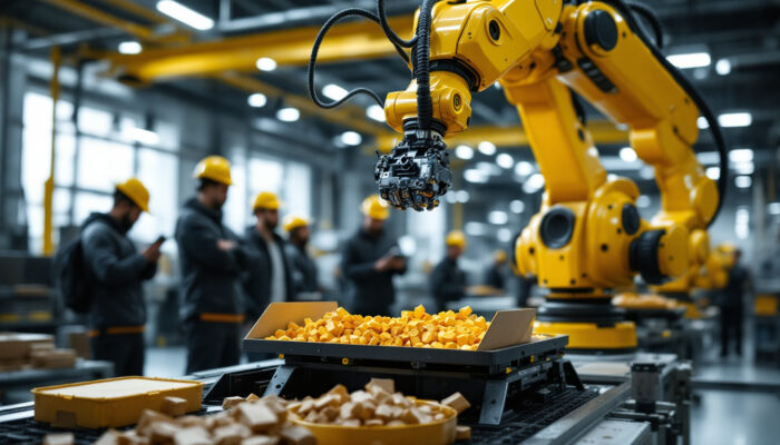 A photograph of a modern industrial setting showcasing a robotic arm efficiently handling materials