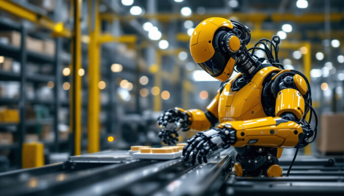 A photograph of capture a photograph of a modern industrial robot in action within a supply chain environment