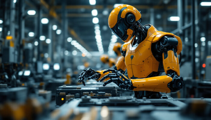 A photograph of a sleek industrial robot in action within a manufacturing environment