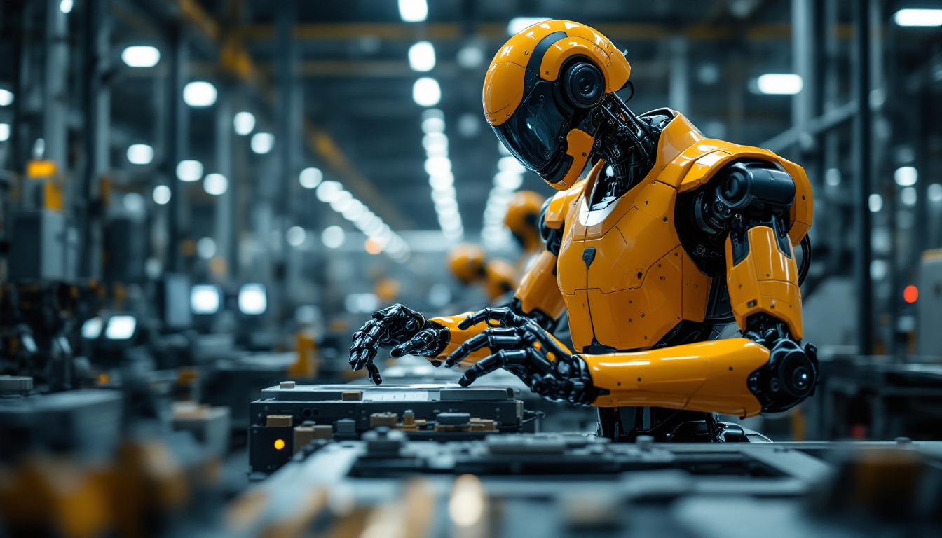 A photograph of a sleek industrial robot in action within a manufacturing environment