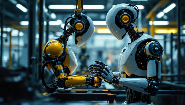 A photograph of a sleek industrial robot in action