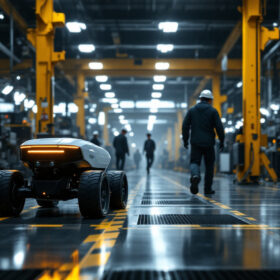A photograph of a sleek autonomous mobile robot navigating through a bustling industrial environment