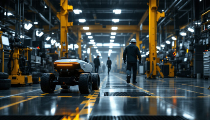 A photograph of a sleek autonomous mobile robot navigating through a bustling industrial environment