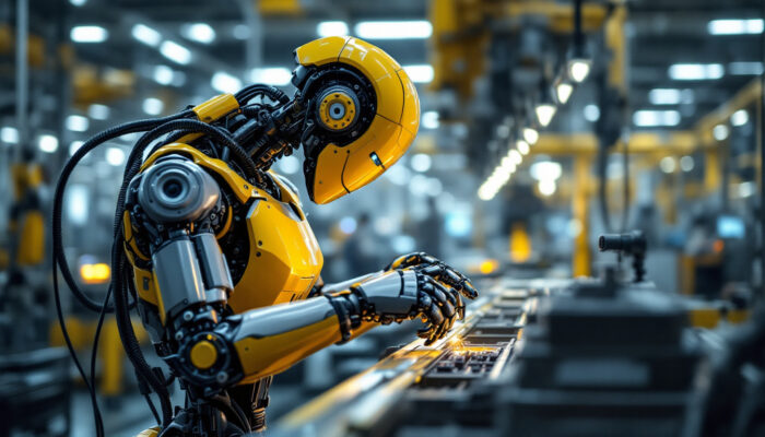 A photograph of a sleek industrial robot in action within a modern manufacturing environment