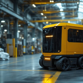 A photograph of a state-of-the-art autonomous guided vehicle (agv) navigating through a busy industrial warehouse