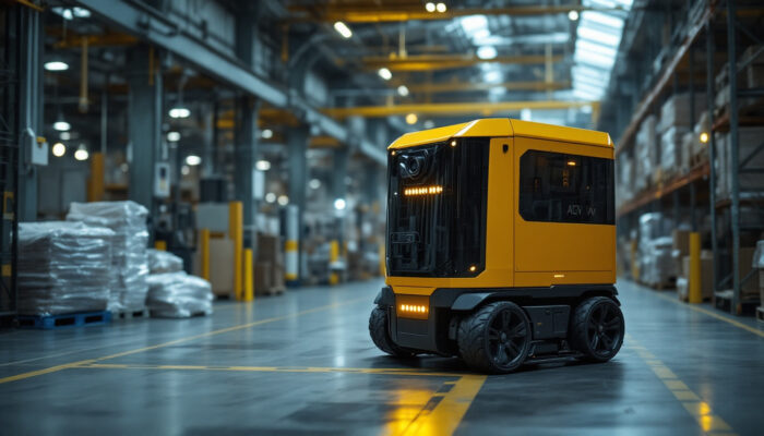 A photograph of a state-of-the-art autonomous guided vehicle (agv) navigating through a busy industrial warehouse