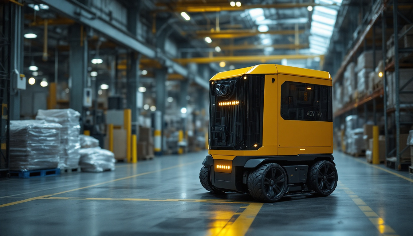 A photograph of a state-of-the-art autonomous guided vehicle (agv) navigating through a busy industrial warehouse