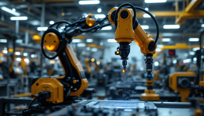A photograph of a sleek industrial robotic arm in action