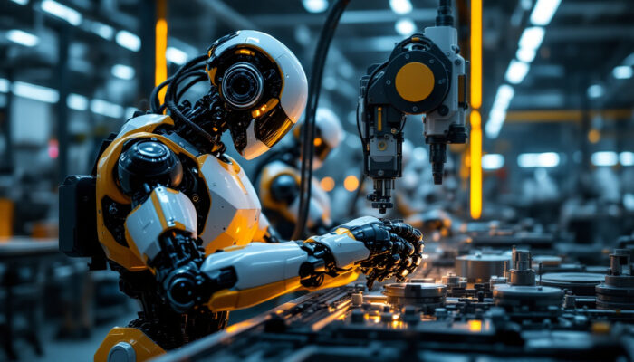 A photograph of a sleek industrial robot in action within a modern manufacturing environment