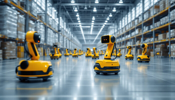 A photograph of a modern warehouse setting featuring a variety of autonomous robots in action