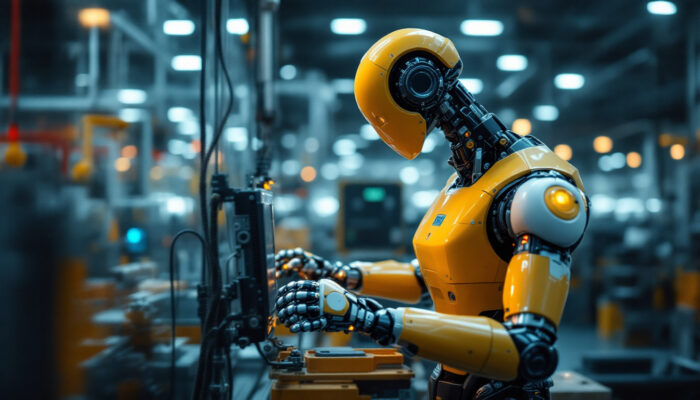 A photograph of a modern industrial robot in action within a manufacturing environment