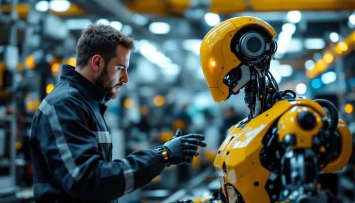 A photograph of a skilled technician interacting with a sleek industrial robot in a modern manufacturing environment
