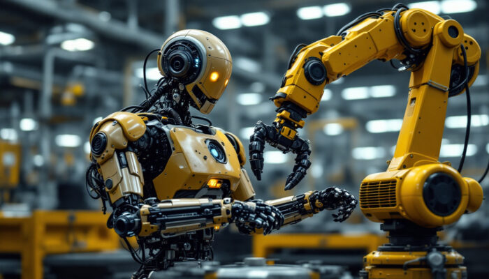 A photograph of a vintage industrial robot working alongside a modern robotic arm in a factory setting