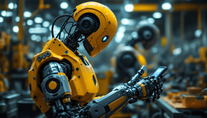 A photograph of a vintage industrial robot in action within a factory setting
