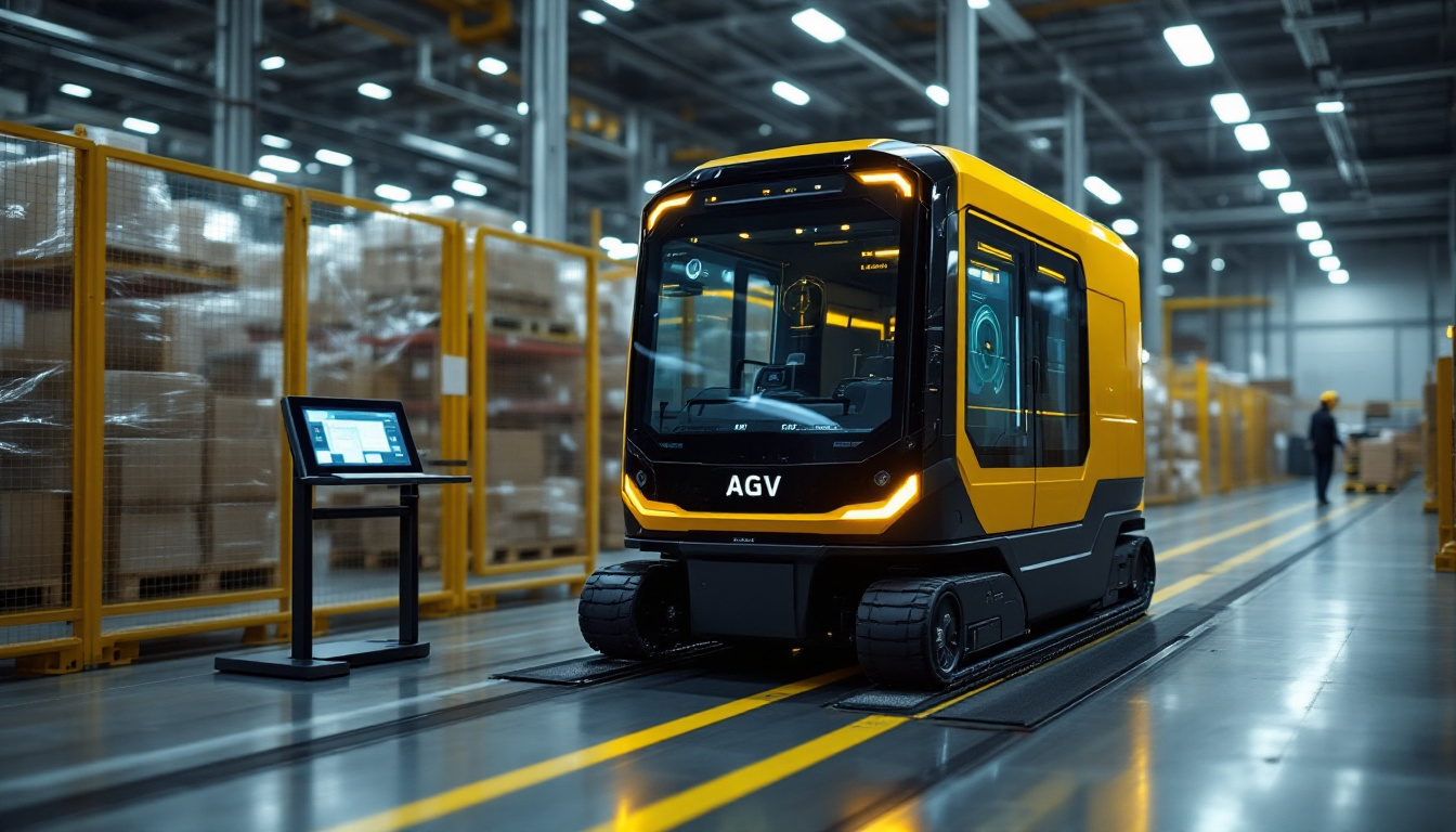 A photograph of a modern industrial setting featuring an autonomous guided vehicle (agv) in action