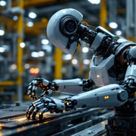 A photograph of a modern industrial robot in action on a factory floor